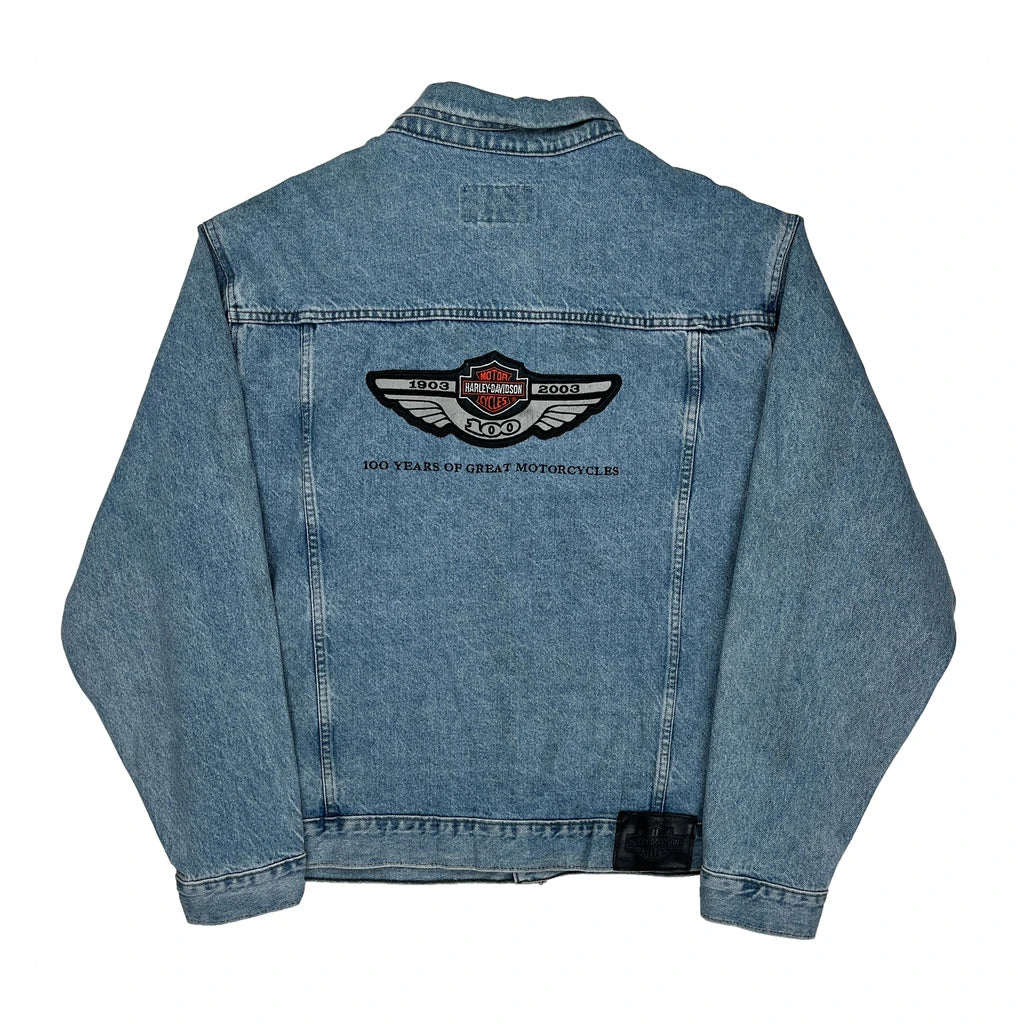 100 Years Of Great Motorcycles Harley Davidson Graphic Denim Jacket - 2XL Blue Cotton - Image 2