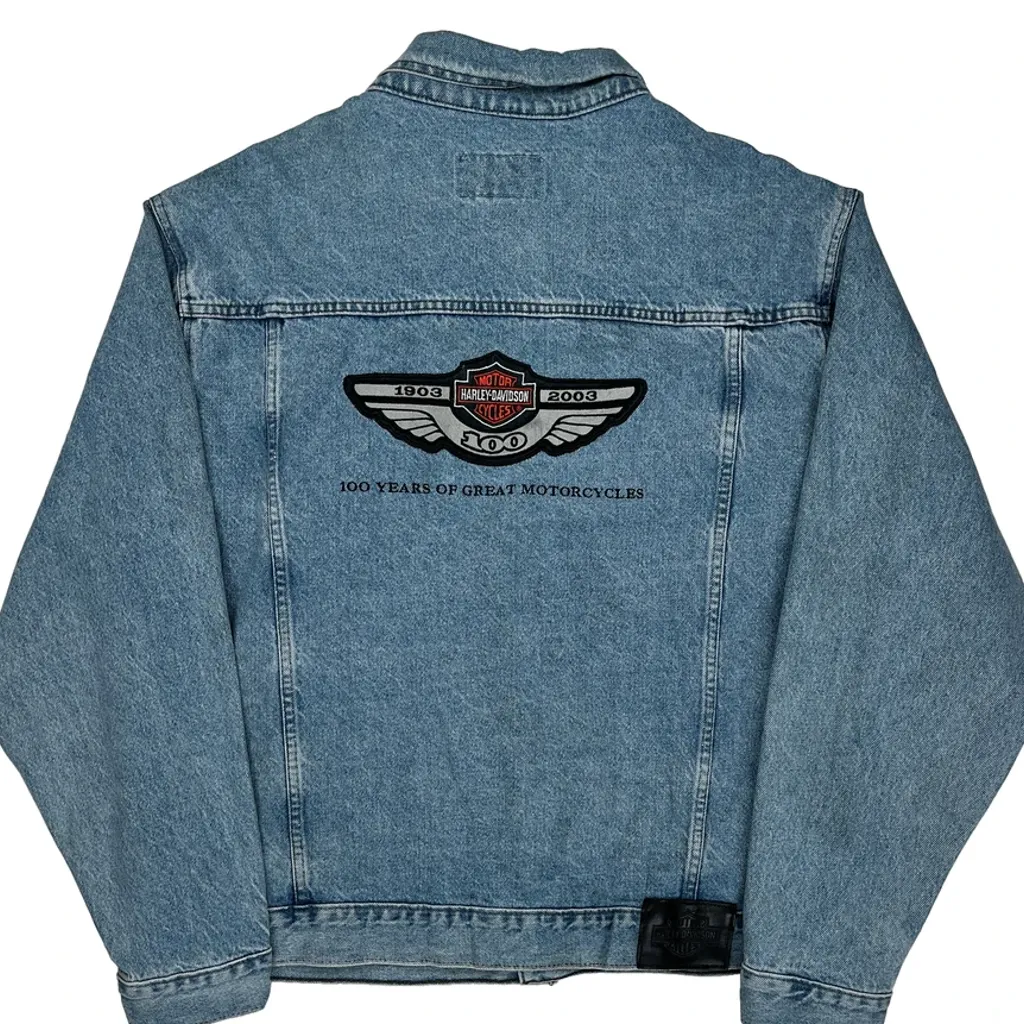 100 Years Of Great Motorcycles Harley Davidson Graphic Denim Jacket - 2XL Blue Cotton - Image 7