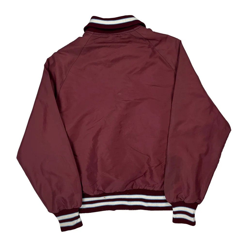 1970S Made In USA Delong Satin Varsity Jacket - Medium Burgundy Nylon - Image 2
