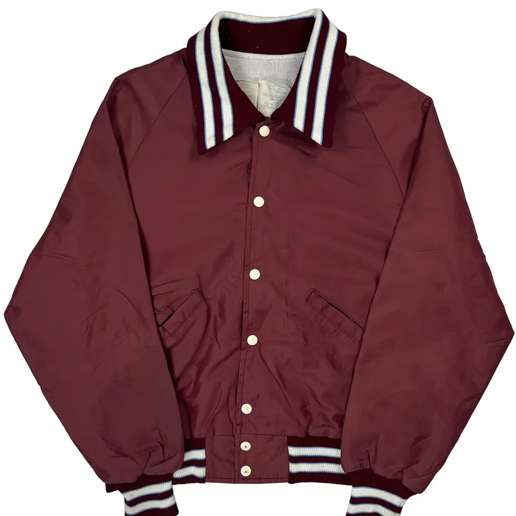 1970S Made In USA Delong Satin Varsity Jacket - Medium Burgundy Nylon - Image 4