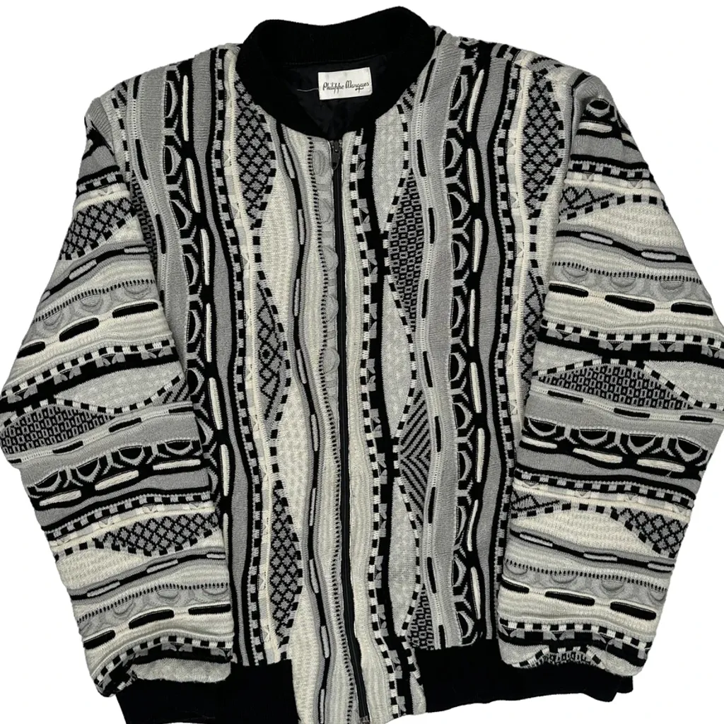 1980S Shoulder Pads Philippe Marques Coogi Style 3D Knit Jumper - Medium Black & White Acrylic - Image 4
