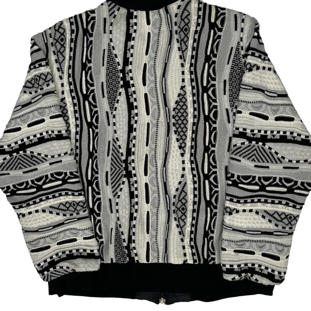 1980S Shoulder Pads Philippe Marques Coogi Style 3D Knit Jumper - Medium Black & White Acrylic - Image 7