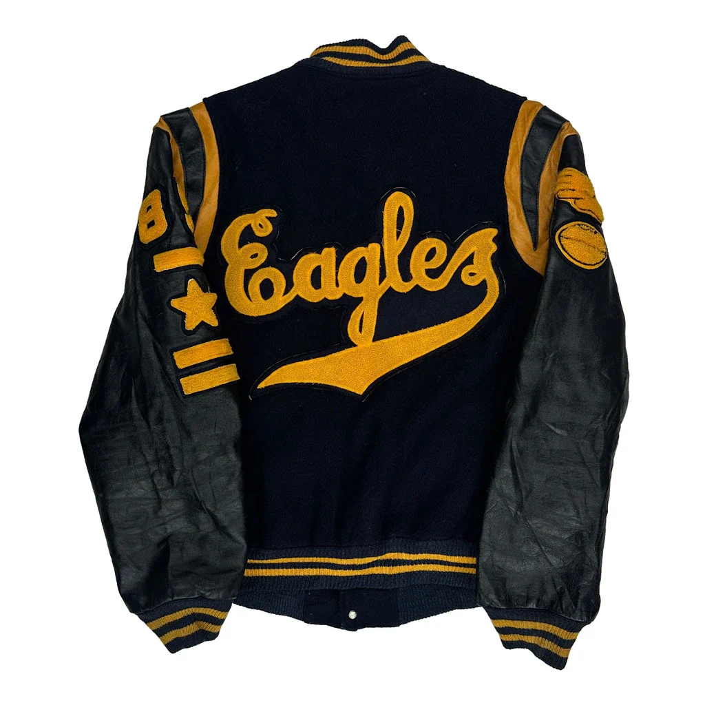 1985 Made In USA Eagles Trophy Jackets College Varsity Jacket - Large Black Leather - Image 2