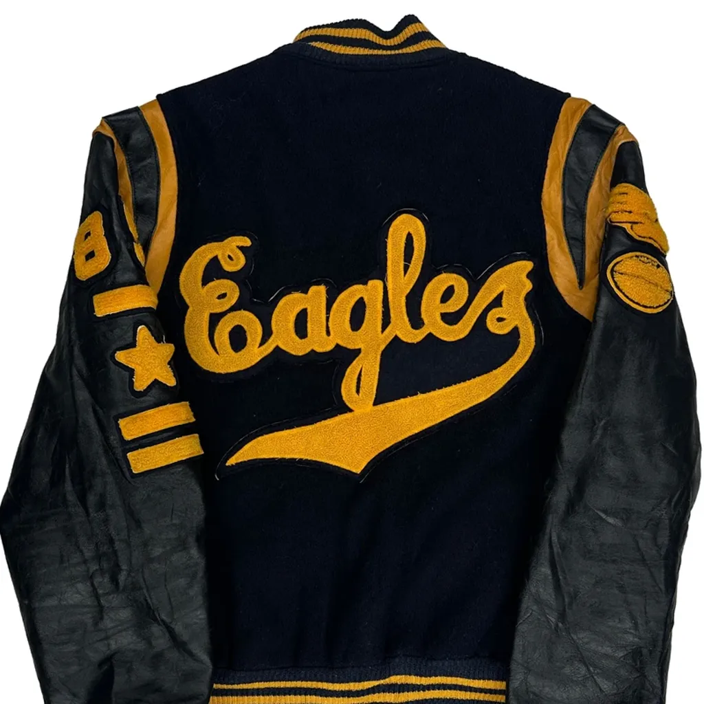 1985 Made In USA Eagles Trophy Jackets College Varsity Jacket - Large Black Leather - Image 8