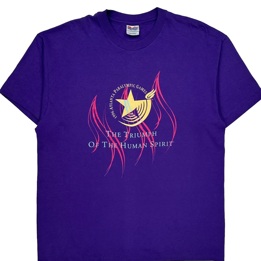 1996 Atlanta Paralympic Games Hanes Single Stitch T-Shirt - XL Purple Cotton - Image 4