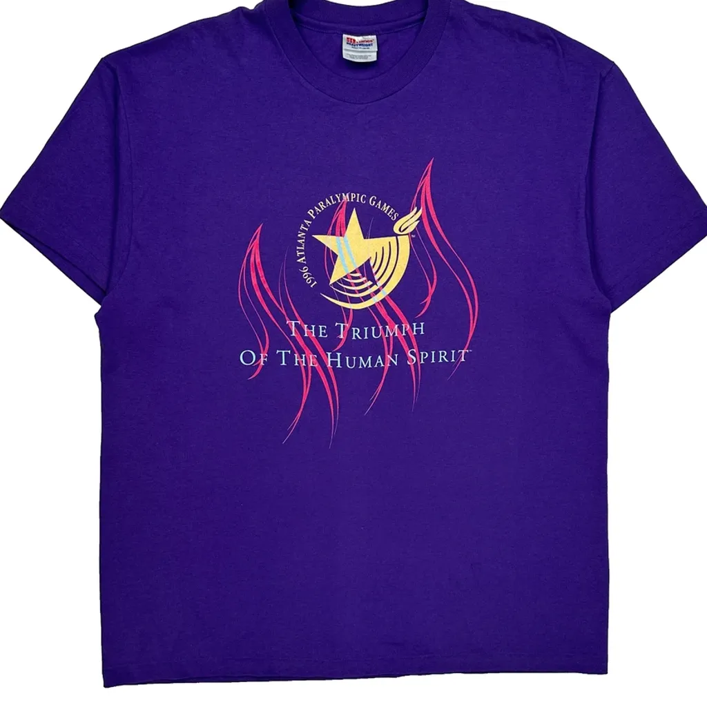 1996 Atlanta Paralympic Games Hanes Single Stitch T-Shirt - XL Purple Cotton - Image 5