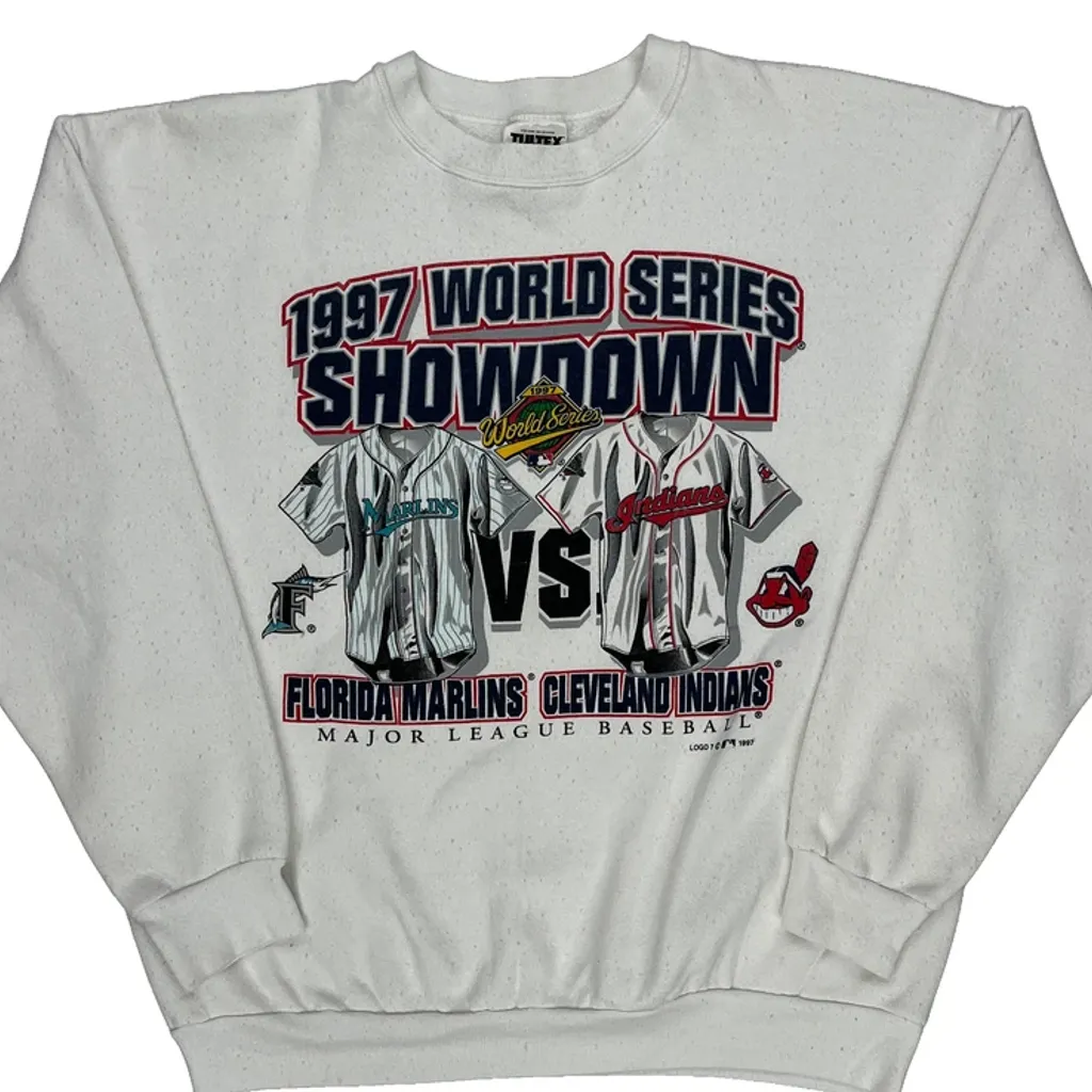 1997 World Series Showdown Tultex Graphic Sweatshirt - Large White Cotton Blend - Image 4