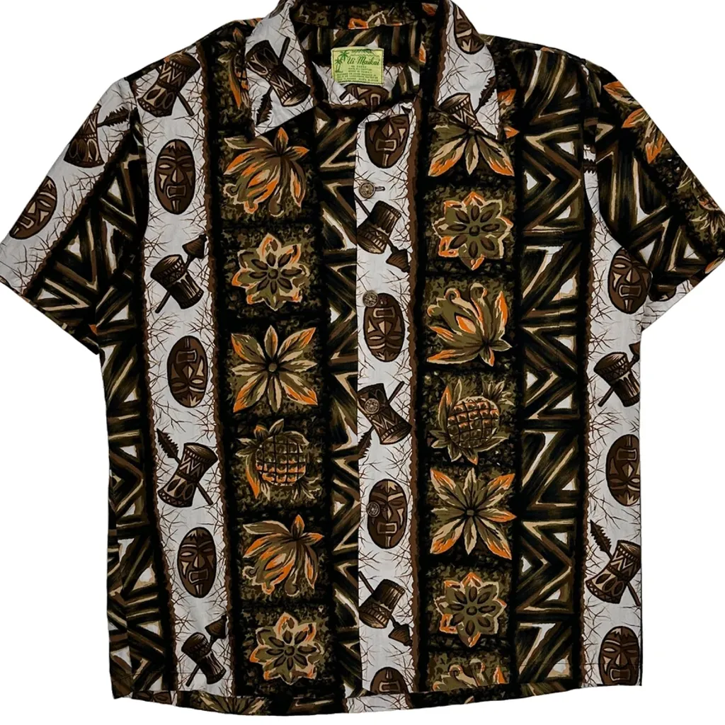 60S 70S Made In Hawaii Ui Maikai Floral Hawaiian Shirt - Medium Brown Cotton - Image 5