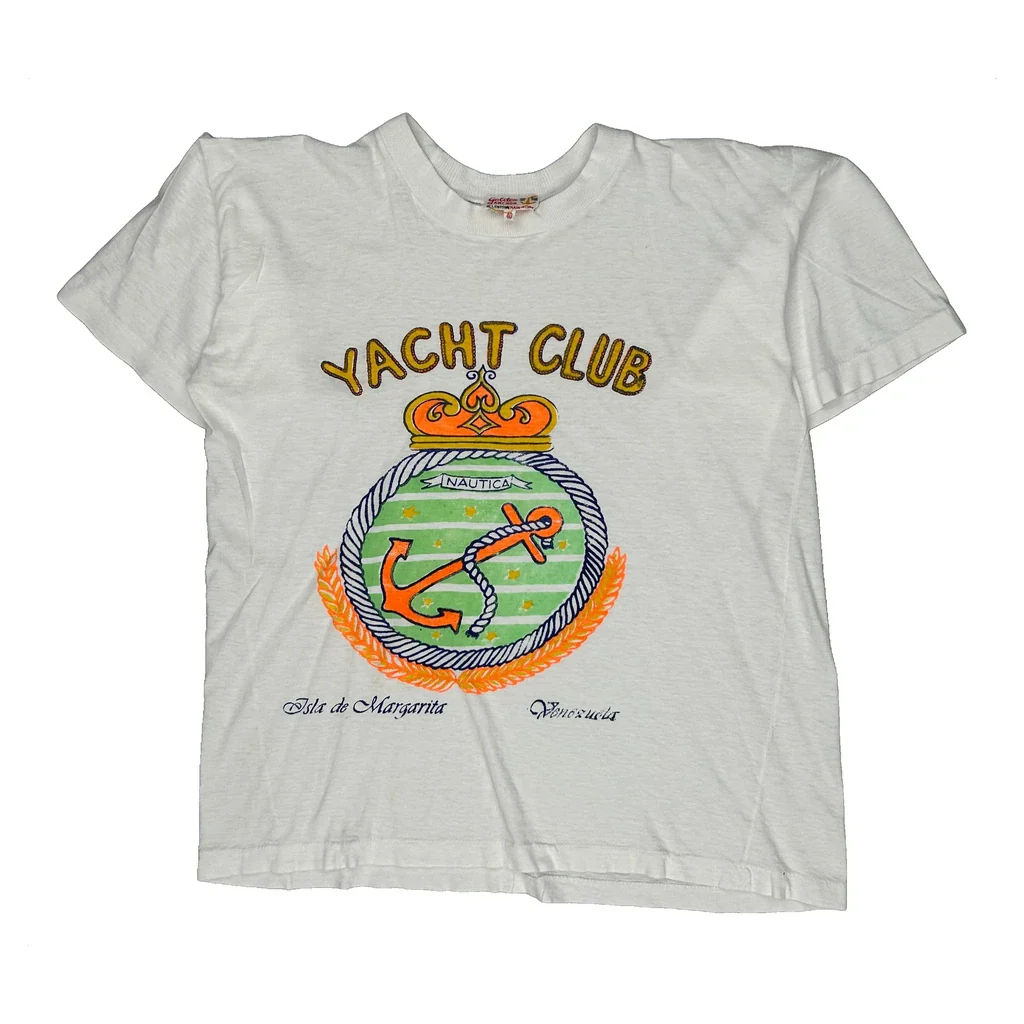 70S Yacht Club Golden Anchor Graphic T-Shirt - Small White Cotton