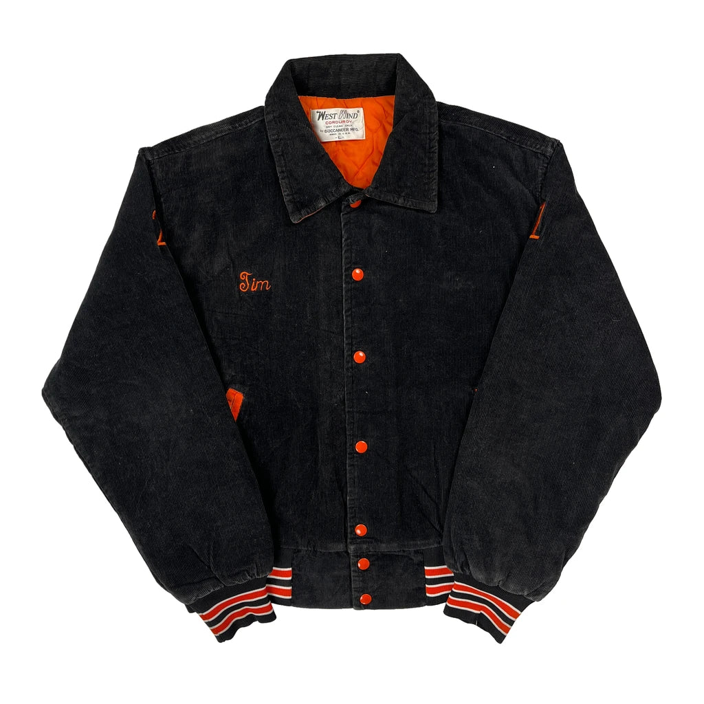 80S 90S Made In USA West Wind Corduroy Graphic College Varsity Jacket - Large Orange Corduroy