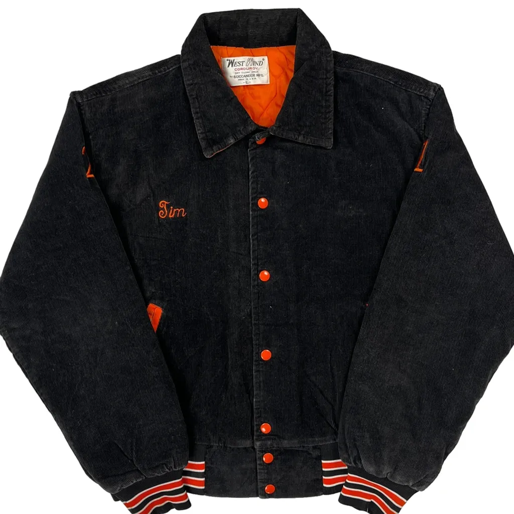 80S 90S Made In USA West Wind Corduroy Graphic College Varsity Jacket - Large Orange Corduroy - Image 4