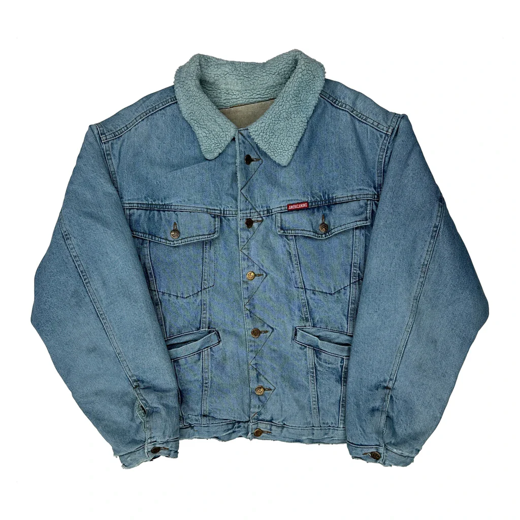 80S Americanino Sherpa Lined Denim Jacket - Large Blue Denim