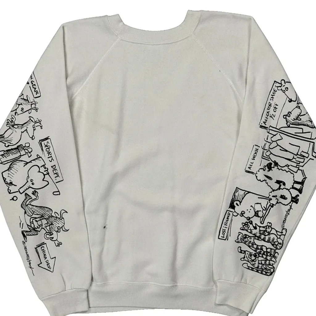 80S Born To Shop Hanes Cartoon Raglan Sweatshirt - Large White Cotton Blend - Image 7