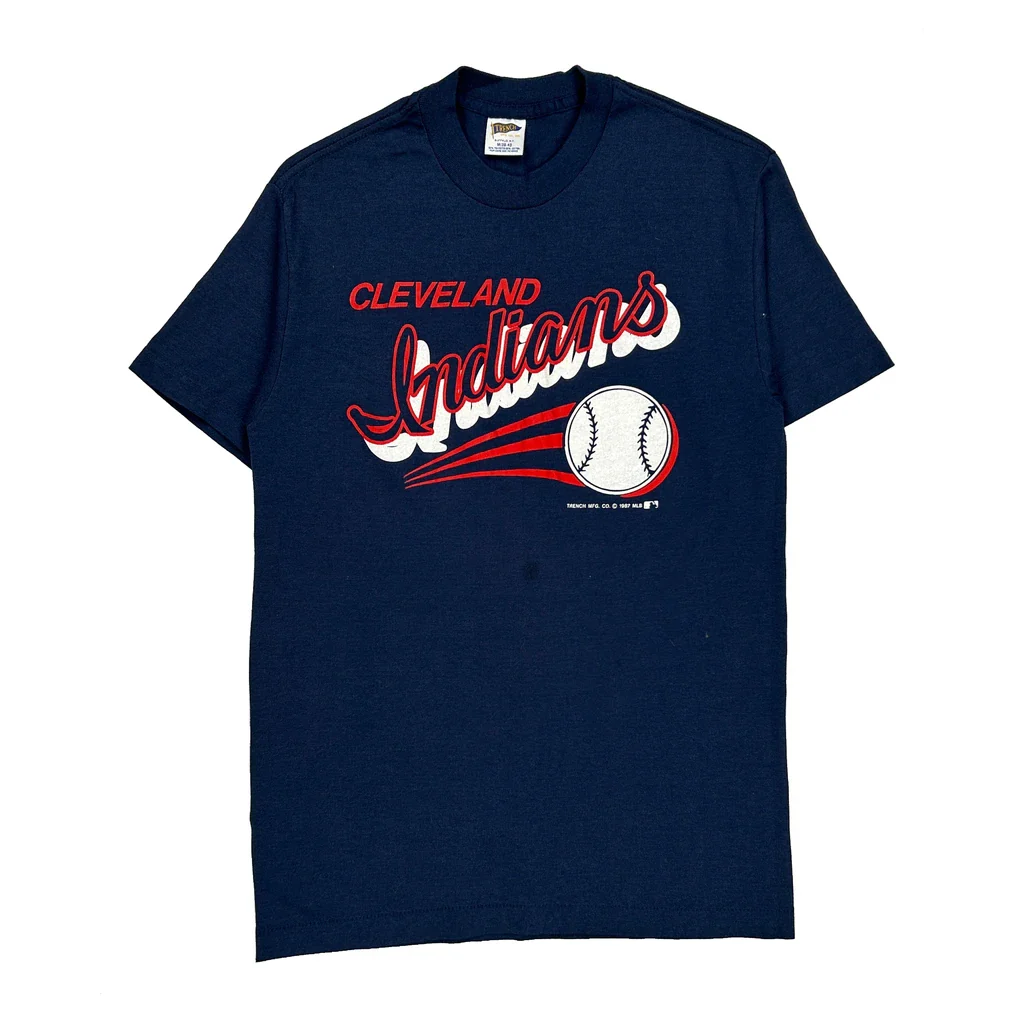 80S Cleveland Indians Trench Graphic T-Shirt - Medium Blue Cotton Blend