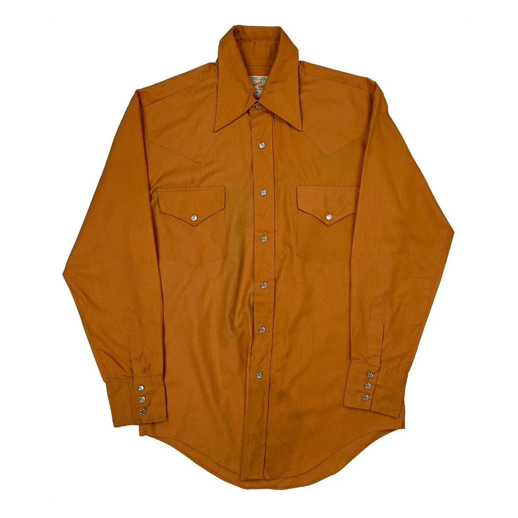 80S Ely Wagon Boss Pearl Snap Shirt - Medium Orange Polyester Blend