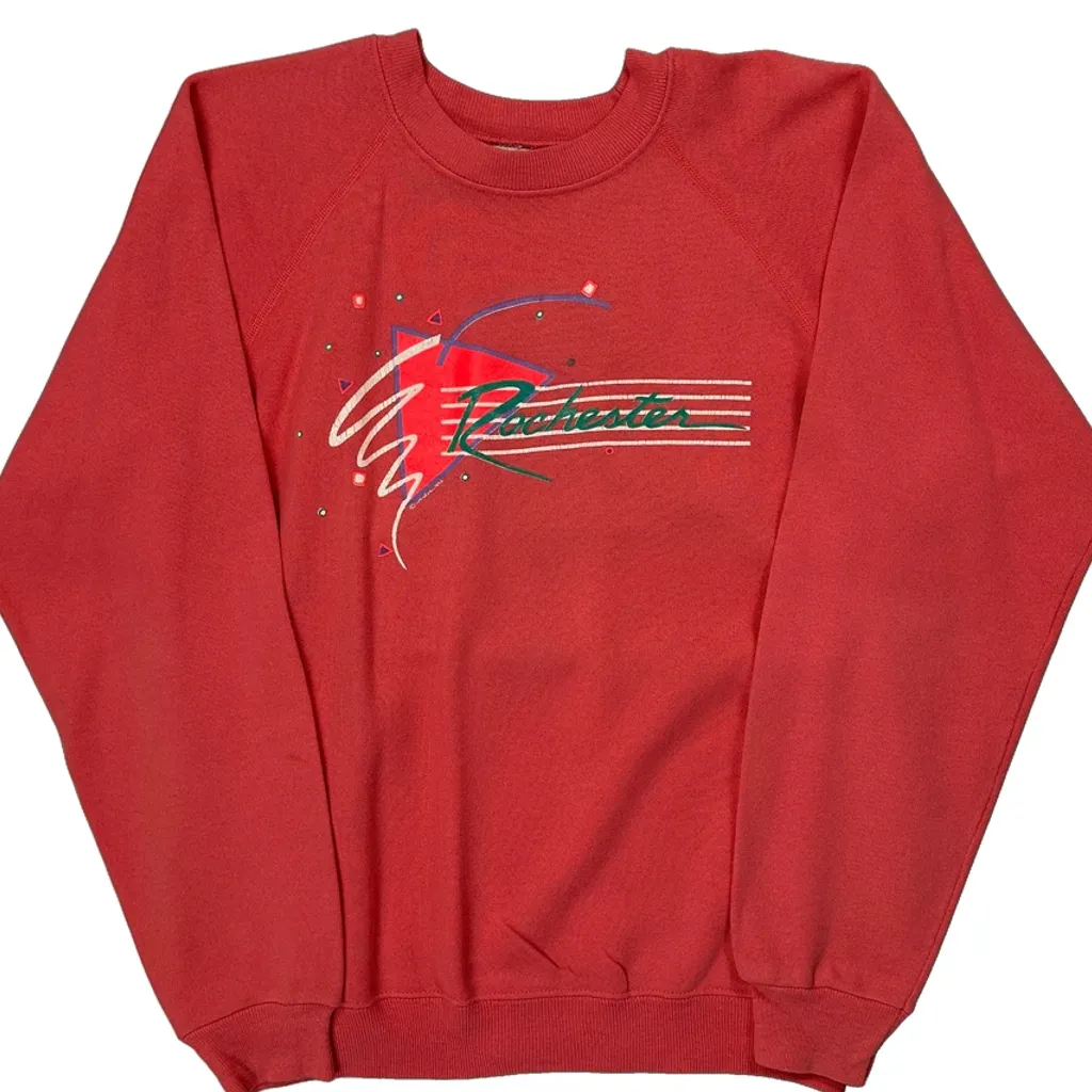80S Hanes Graphic Raglan Sweatshirt - Large Red Cotton Blend - Image 5