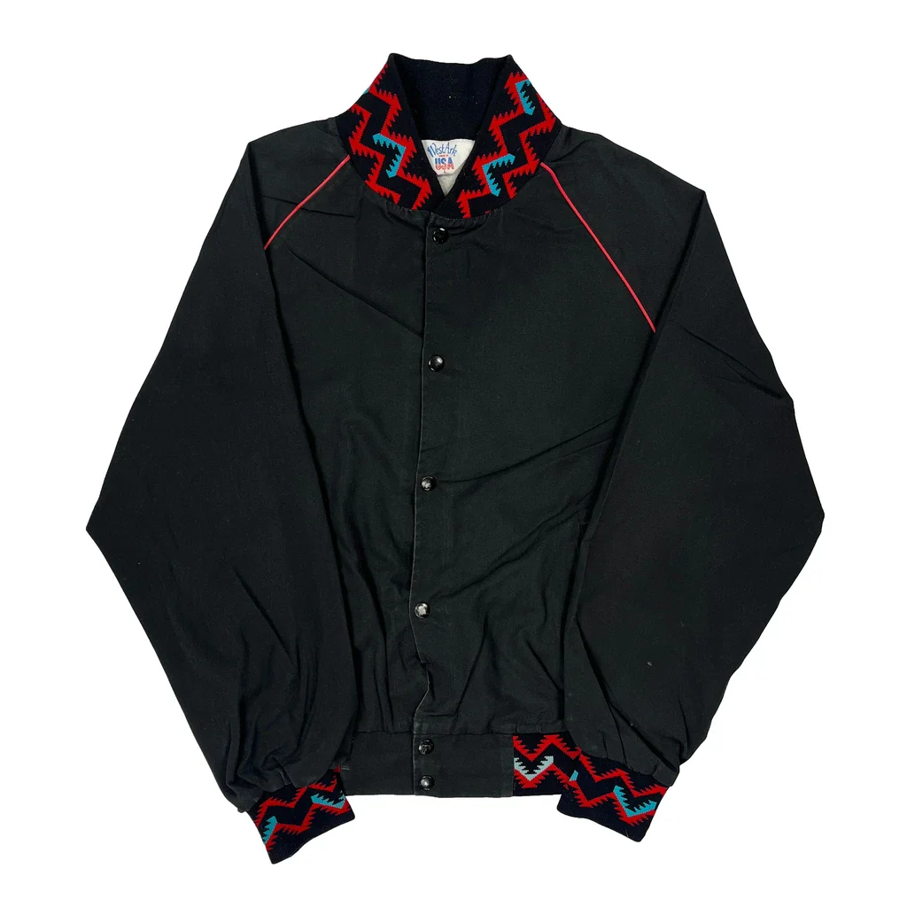 80S Made In USA Casino Sandia West Ark Aztec Ribbed Trims Varsity Jacket - Large Black Cotton