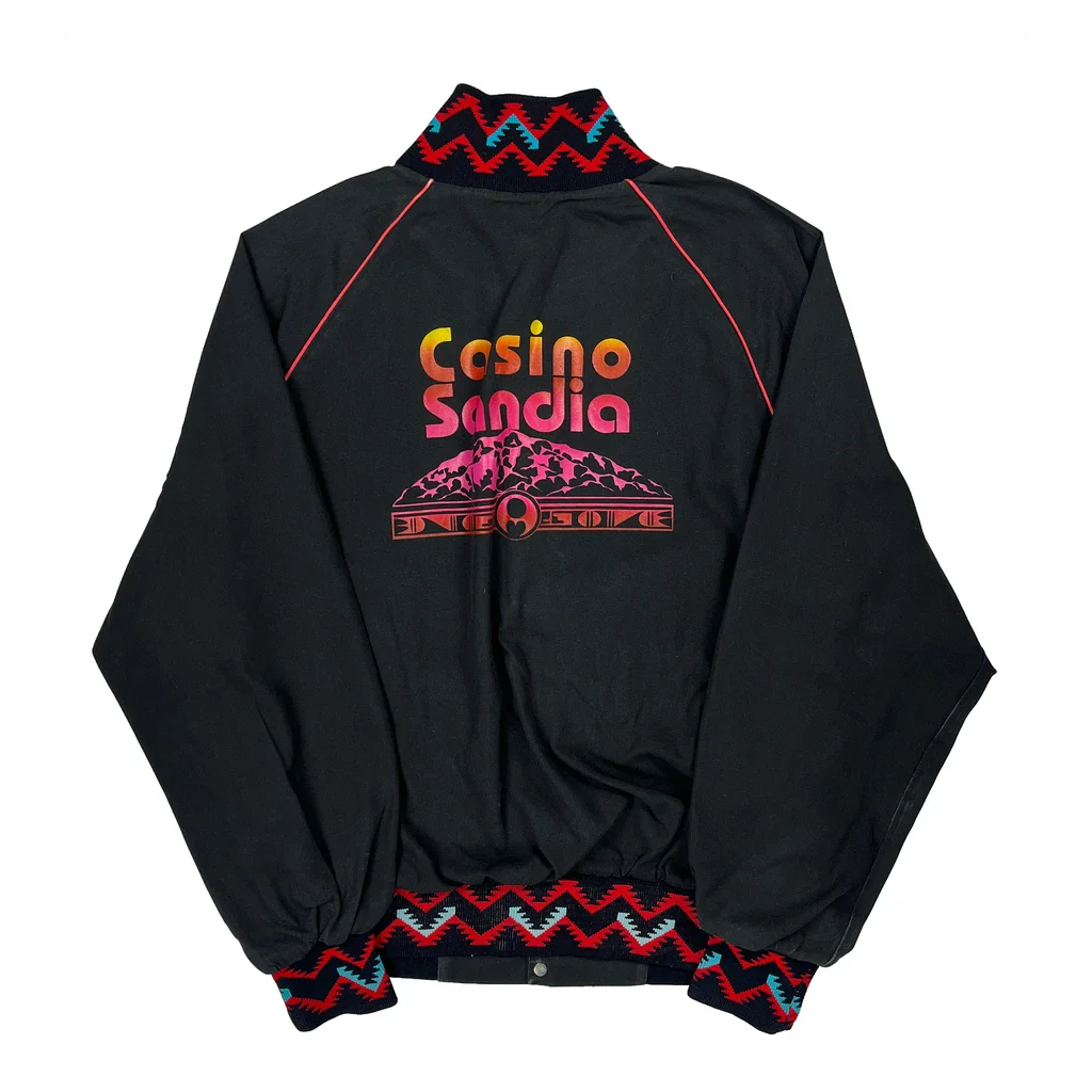 80S Made In USA Casino Sandia West Ark Aztec Ribbed Trims Varsity Jacket - Large Black Cotton - Image 2