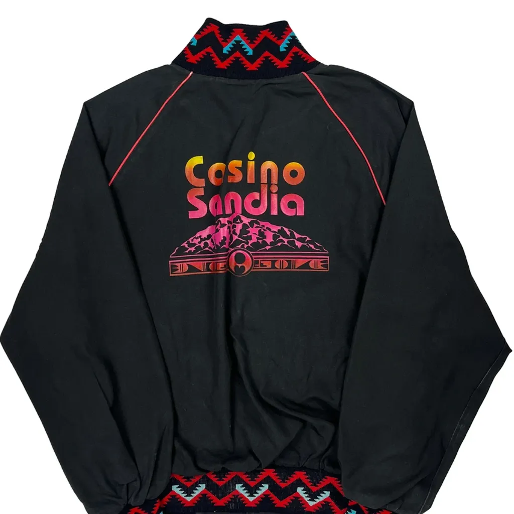 80S Made In USA Casino Sandia West Ark Aztec Ribbed Trims Varsity Jacket - Large Black Cotton - Image 6