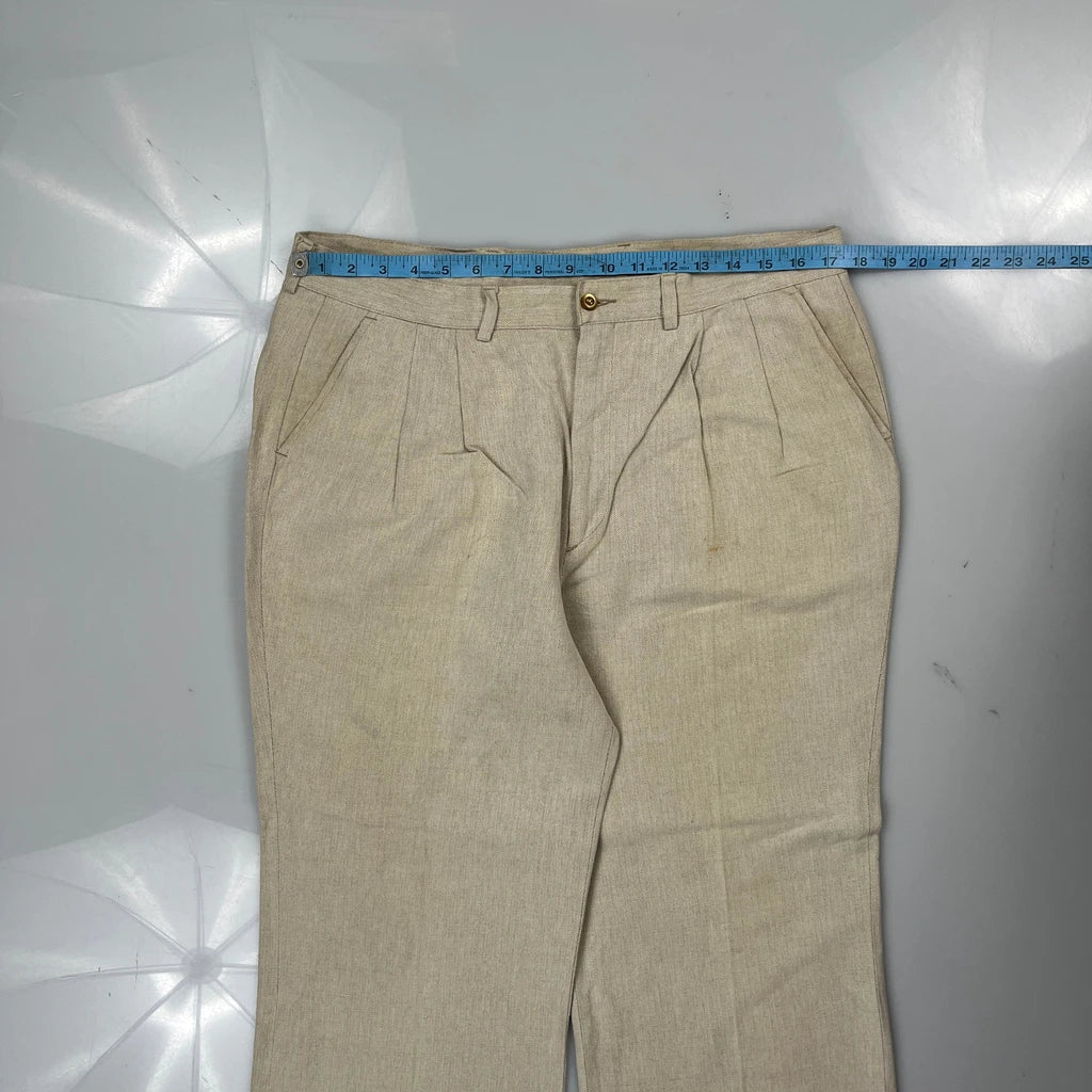 80S Pleated Marlboro Herringbone Trousers - 34W 30L Beige Linen - Image 3