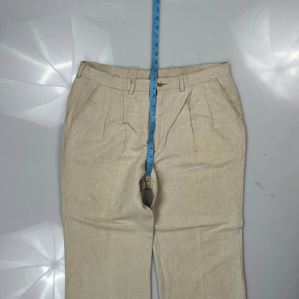 80S Pleated Marlboro Herringbone Trousers - 34W 30L Beige Linen - Image 4