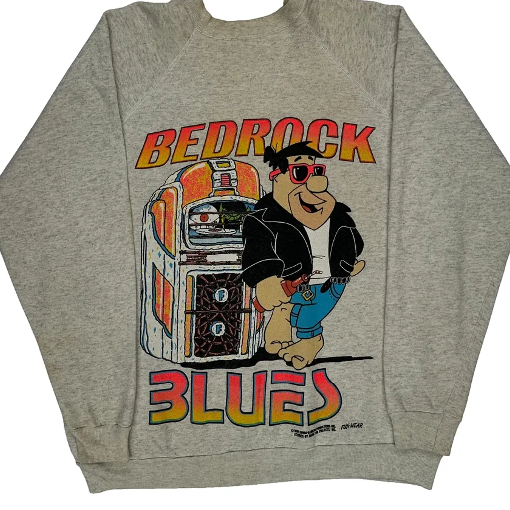 80S Raglan Fred Flintstone Juke Box Unbranded Bedrock Blues Graphic Sweatshirt - 2XL Grey Cotton - Image 5