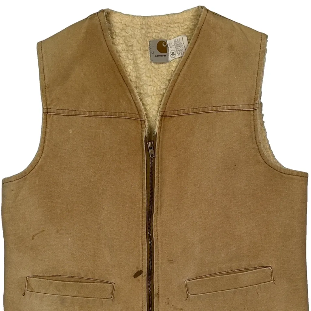 80S Union Made In USA Carhartt Sherpa Lined Vest - Large Beige Cotton - Image 5