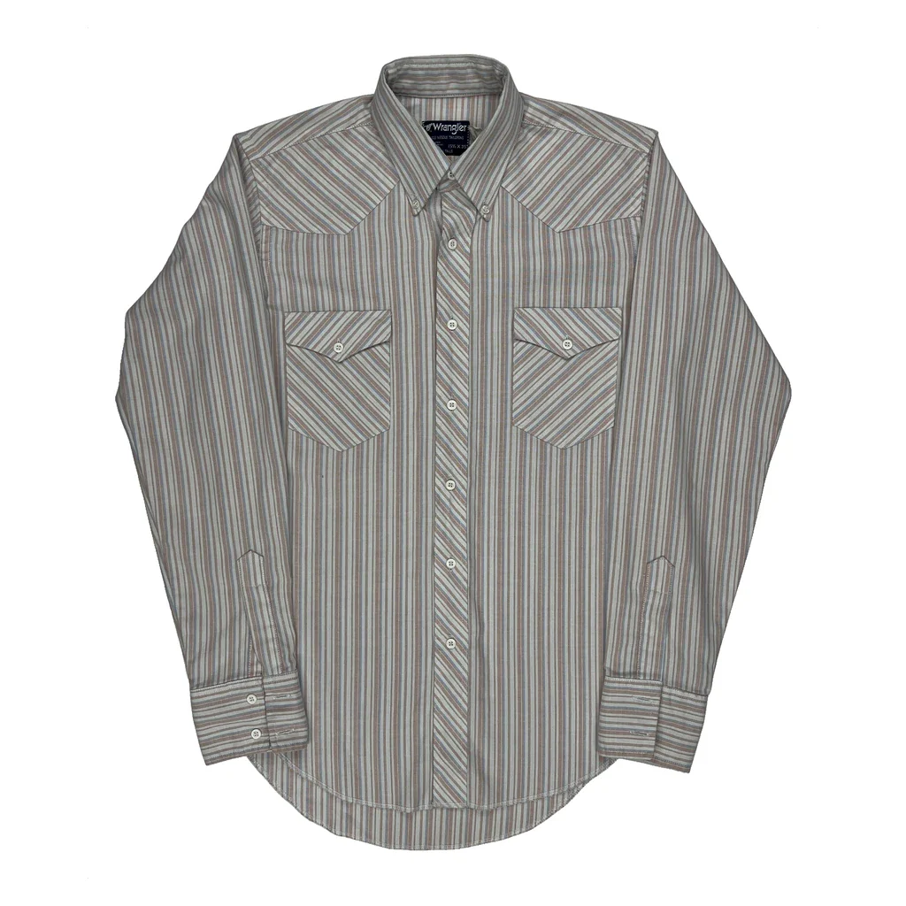 80S Union Made In USA Wrangler Striped Single Needle Tailoring Shirt - Medium Brown Cotton