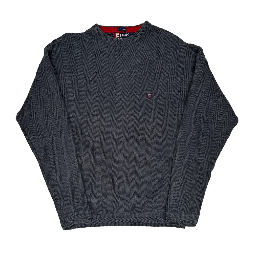 90S Hand Framed Chaps Ralph Lauren Herringbone Jumper - Large Grey Cotton