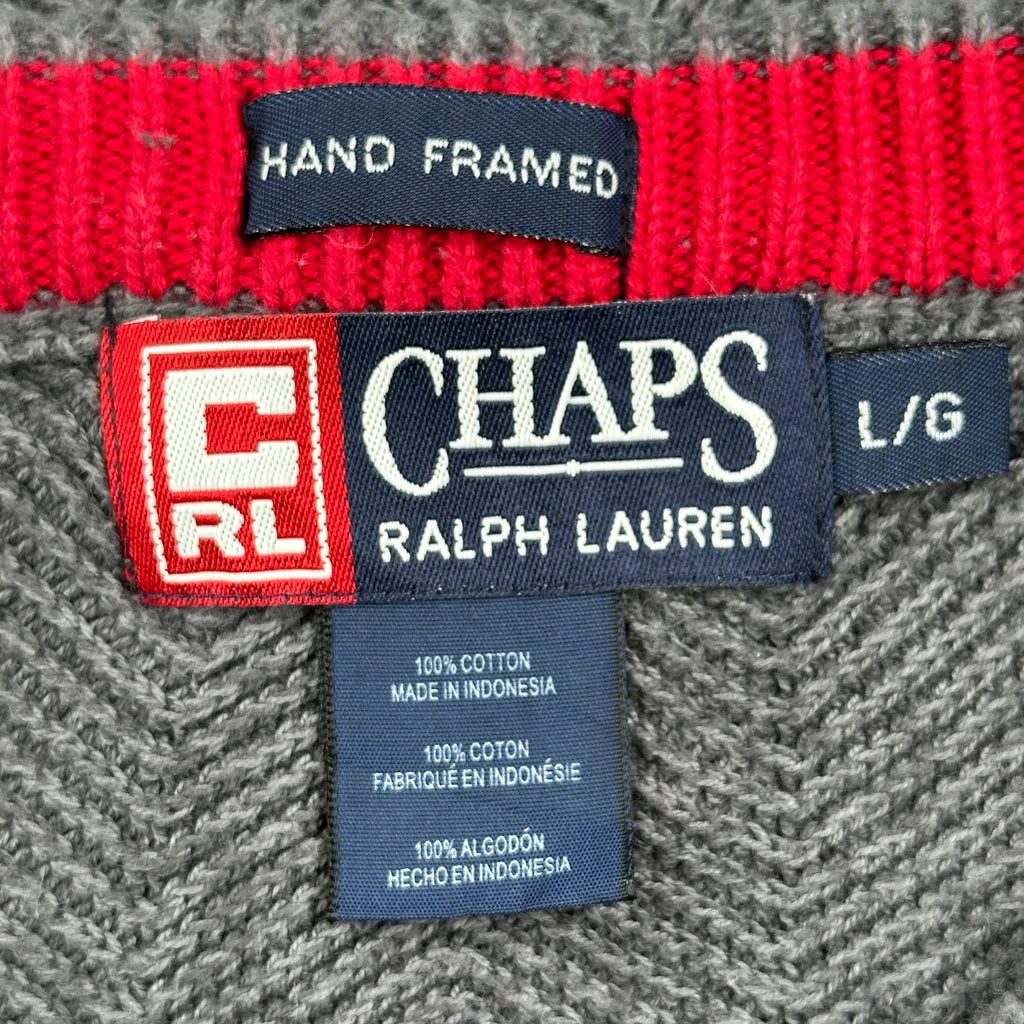 90S Hand Framed Chaps Ralph Lauren Herringbone Jumper - Large Grey Cotton - Image 3