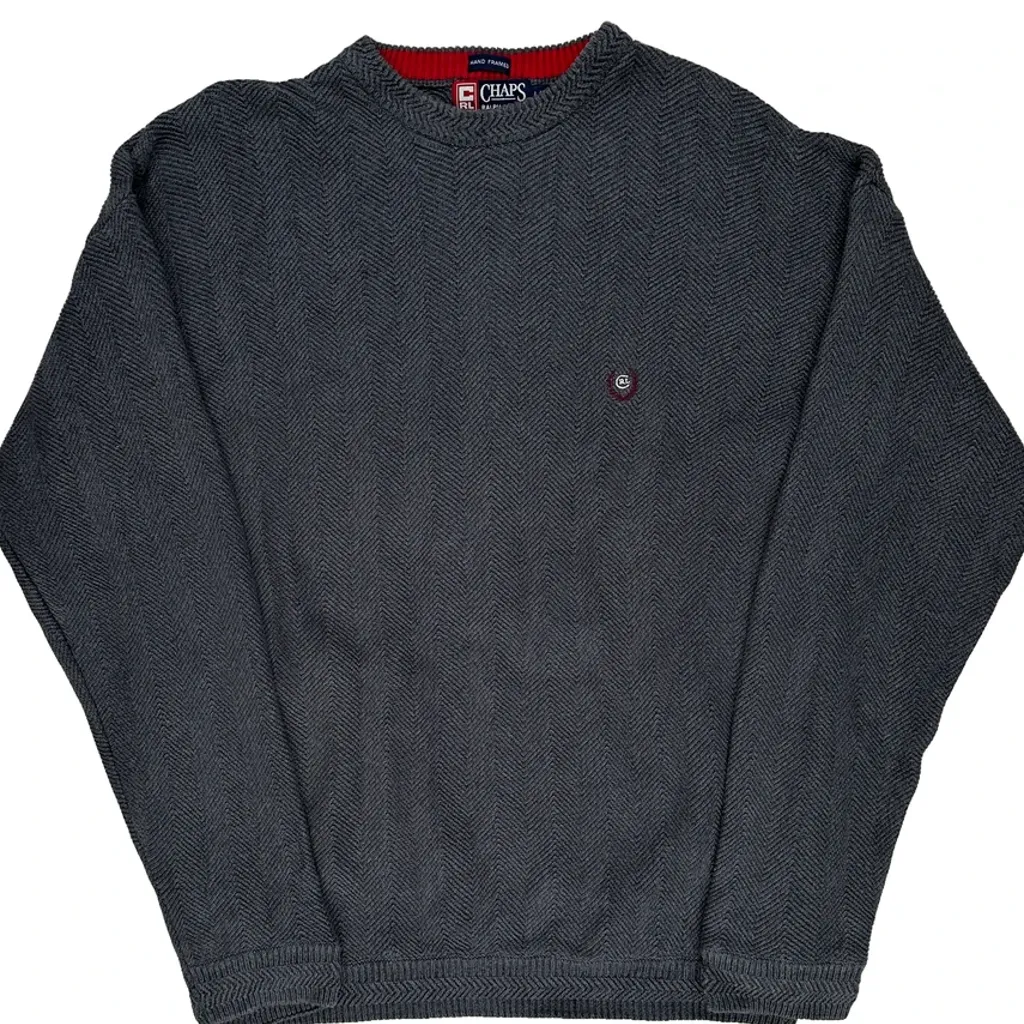 90S Hand Framed Chaps Ralph Lauren Herringbone Jumper - Large Grey Cotton - Image 4