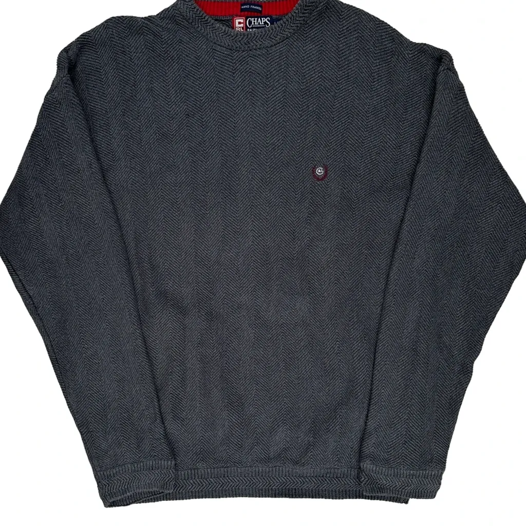 90S Hand Framed Chaps Ralph Lauren Herringbone Jumper - Large Grey Cotton - Image 5