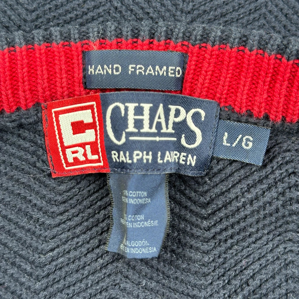 90S Hand Framed Chaps Ralph Lauren Herringbone Jumper - Large Navy Cotton - Image 3