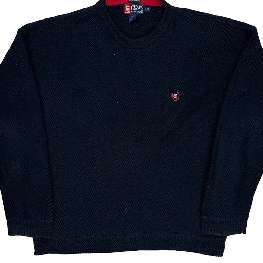 90S Hand Framed Chaps Ralph Lauren Herringbone Jumper - Large Navy Cotton - Image 4