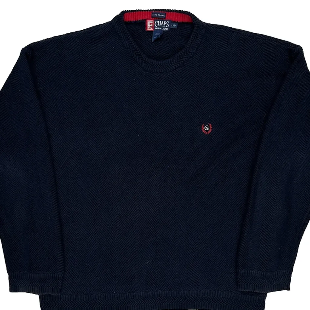 90S Hand Framed Chaps Ralph Lauren Herringbone Jumper - Large Navy Cotton - Image 5