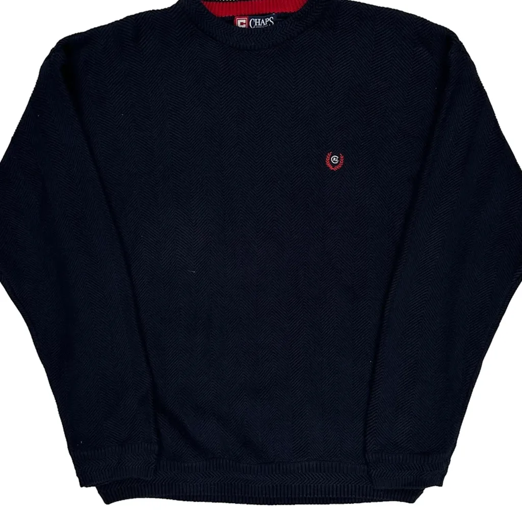 90S Hand Framed Chaps Ralph Lauren Herringbone Jumper - Medium Navy Cotton - Image 4