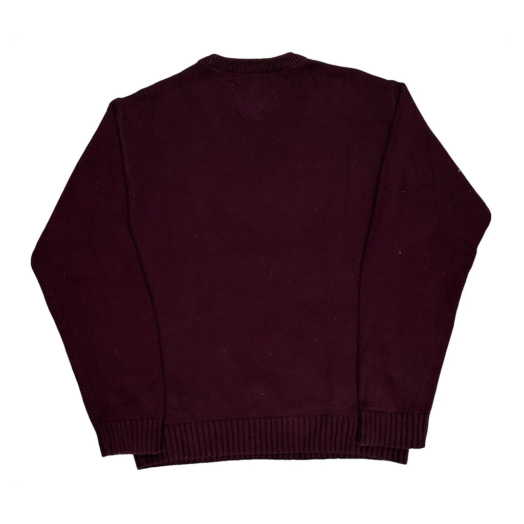90S Hand Framed Tommy Hilfiger Herringbone Jumper - Large Burgundy Cotton - Image 2