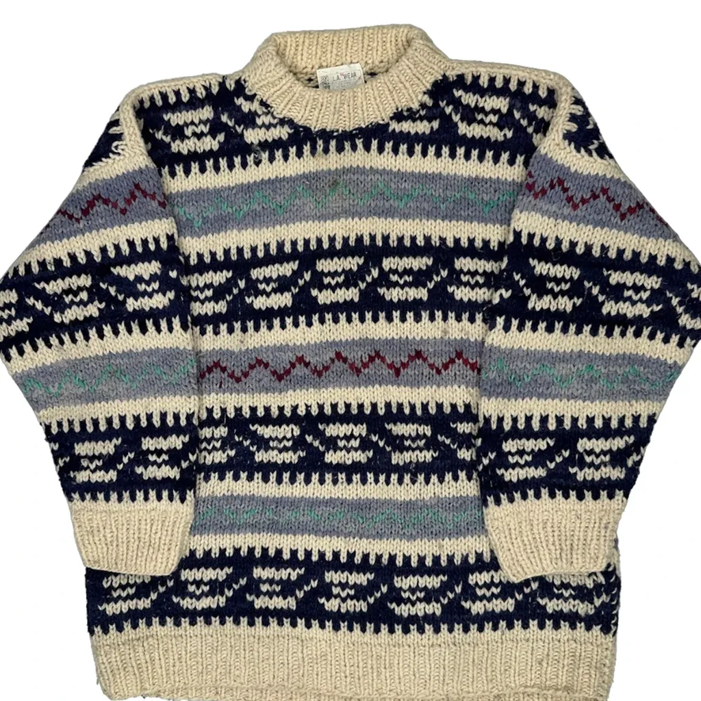 90S La Wear Fair Isle Jumper - XL Cream Wool - Image 4