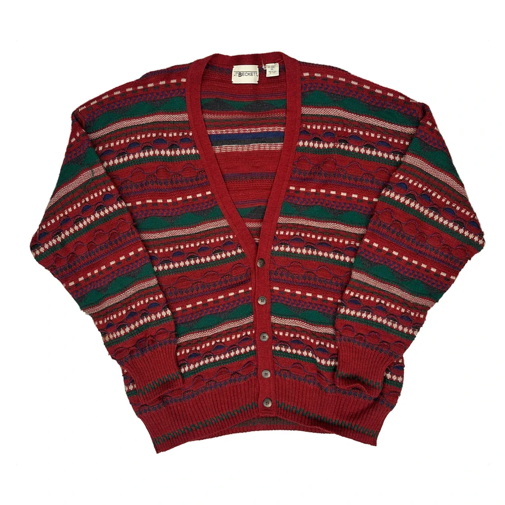 90S Made In Italy J.T Beckett Fair Isle Jumper - XL Red Acrylic