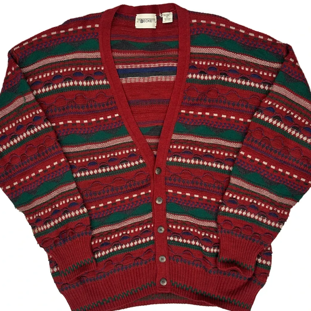 90S Made In Italy J.T Beckett Fair Isle Jumper - XL Red Acrylic - Image 4