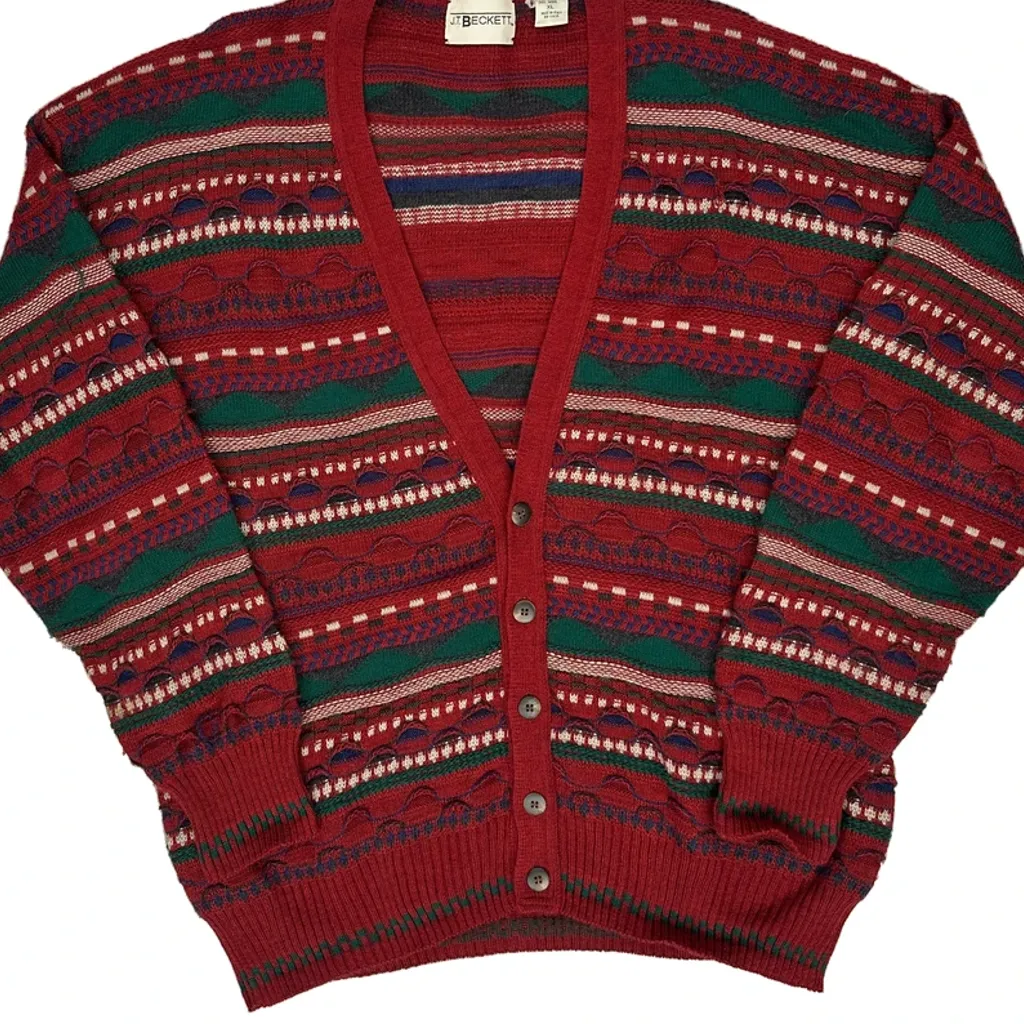 90S Made In Italy J.T Beckett Fair Isle Jumper - XL Red Acrylic - Image 5