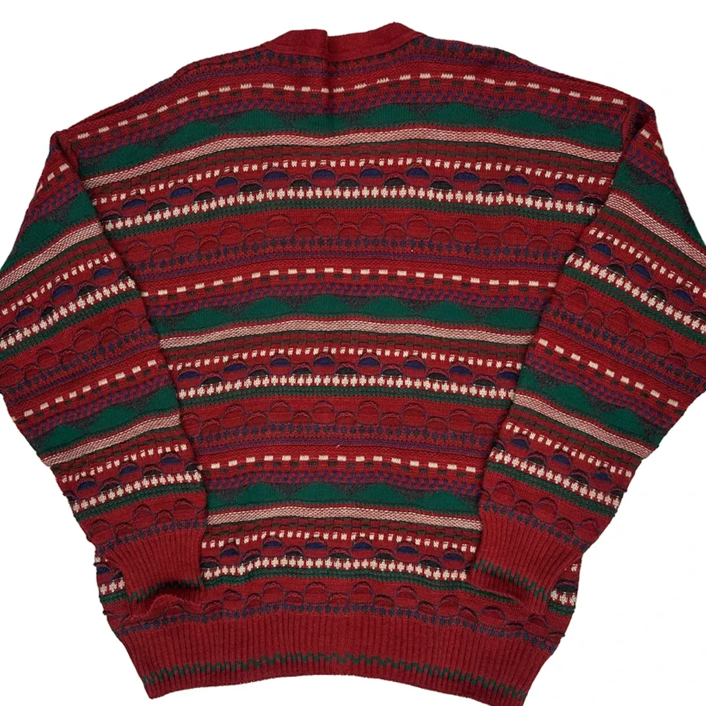 90S Made In Italy J.T Beckett Fair Isle Jumper - XL Red Acrylic - Image 7
