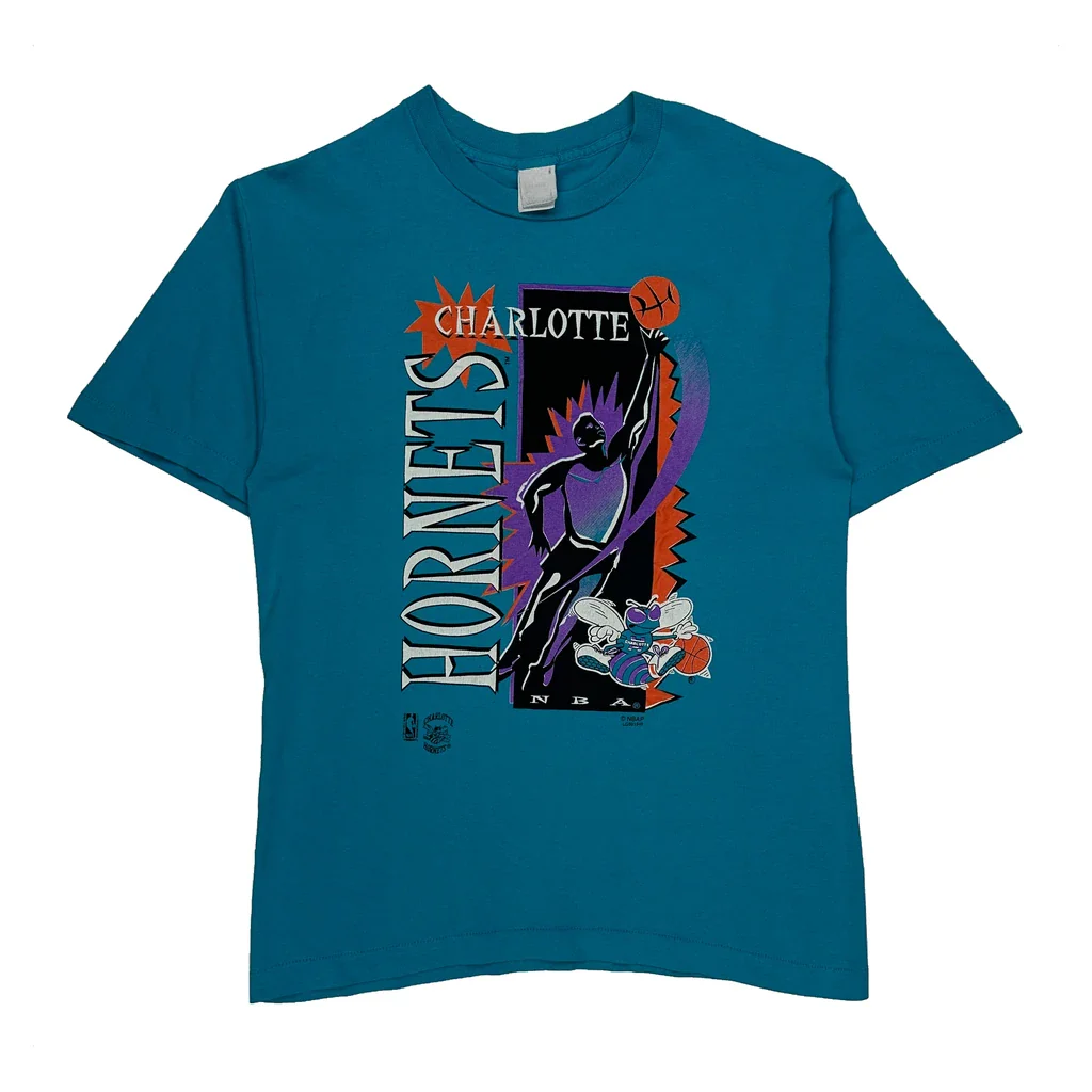 90S Made In USA Charlotte Hornets Nba Graphic T-Shirt - Large Blue Cotton