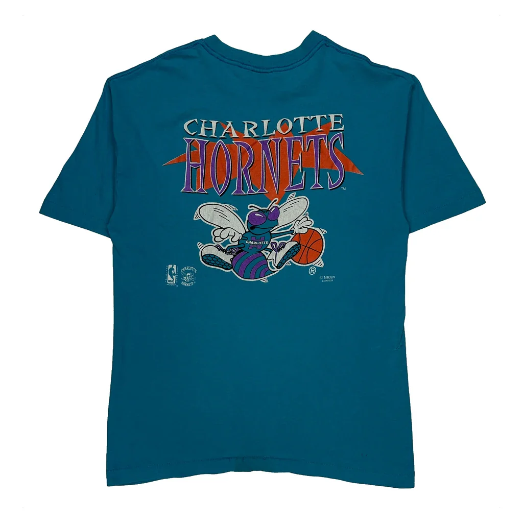 90S Made In USA Charlotte Hornets Nba Graphic T-Shirt - Large Blue Cotton - Image 2