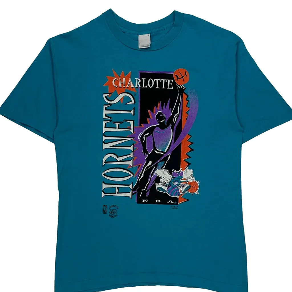 90S Made In USA Charlotte Hornets Nba Graphic T-Shirt - Large Blue Cotton - Image 4