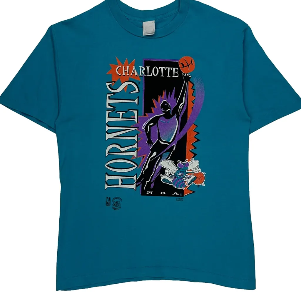 90S Made In USA Charlotte Hornets Nba Graphic T-Shirt - Large Blue Cotton - Image 5