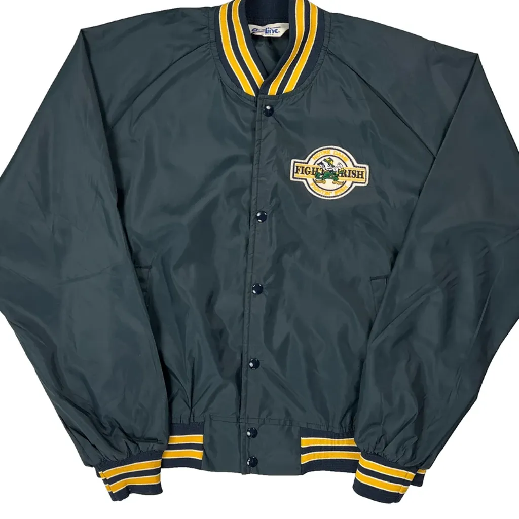 90S Made In USA Fightin' Irish Chalk Line Satin Varsity Jacket - XL Green Nylon - Image 5