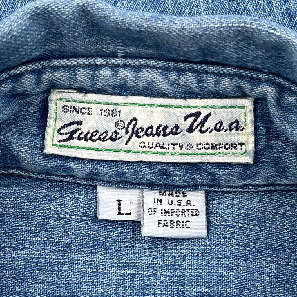 90S Made In USA Guess Denim Shirt - Large Blue Cotton - Image 3
