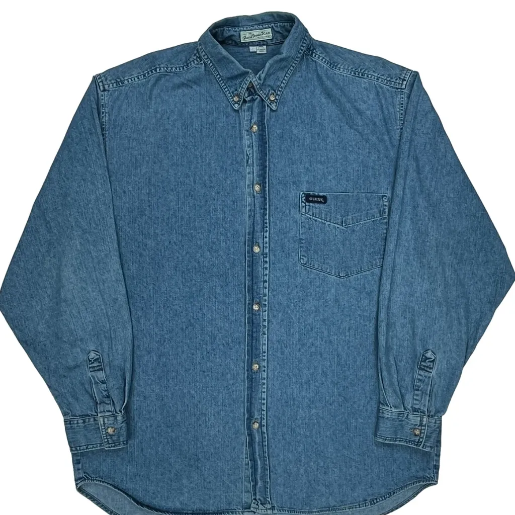 90S Made In USA Guess Denim Shirt - Large Blue Cotton - Image 5