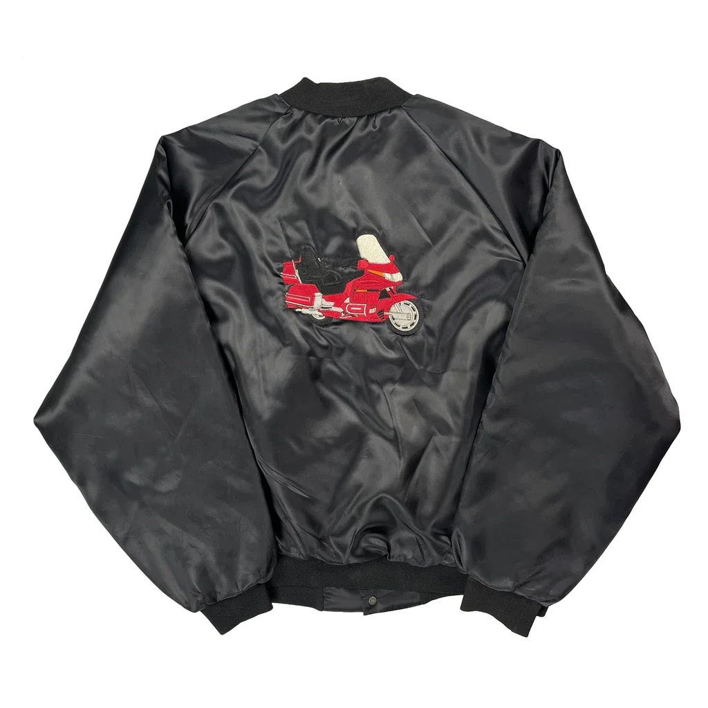 90S Made In USA Motorcycle King Louie Satin Varsity Jacket - XL Black Polyester - Image 2